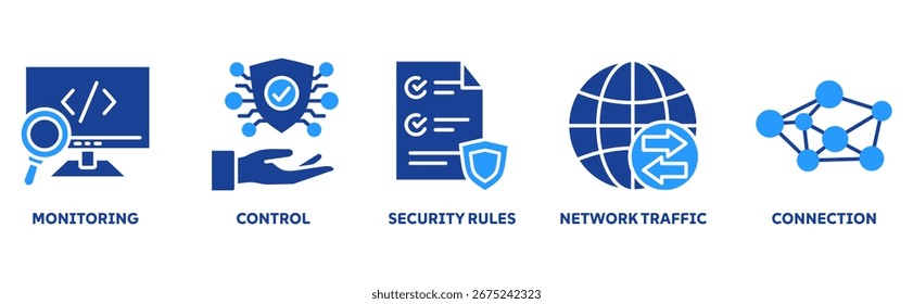 Ícone de firewall conjunto conceito ilustração com ícone de monitoramento, controle, regras de segurança, tráfego de rede, conexão