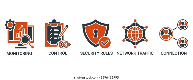 Firewall icon set. Vector illustration concept for network security system with icon of monitoring, control, security rules, network traffic and connection icons. Solid color symbol background.