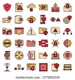 Iconos del cortafuegos establecidos. Conjunto de esquemas de iconos vectoriales de firewall color de línea delgada plano sobre blanco