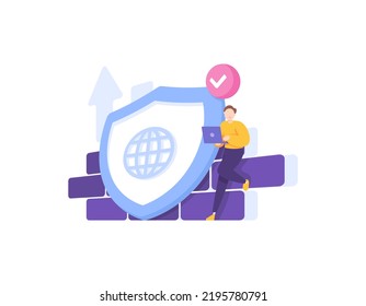 firewall, internet network security system, privacy and data protection. a man uses a laptop and gets protection from a shield. safe browsing and sites. illustration concept design. graphic elements