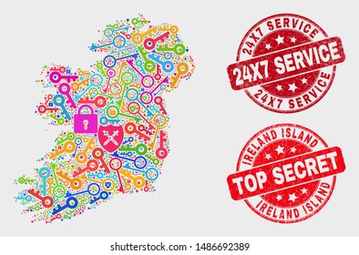 Firewall Ireland Island map and seal stamps. Red round Top Secret and 24X7 Service grunge seal stamps. Colorful Ireland Island map mosaic of different administration elements.