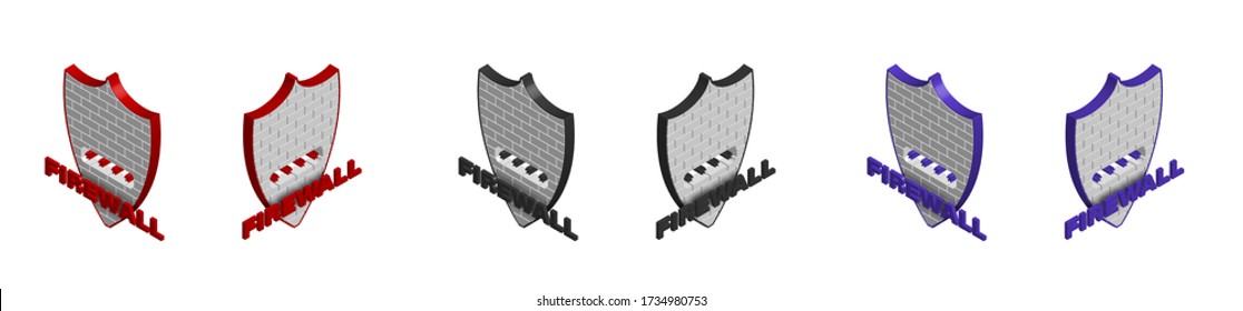 firewall isometric sign red-white building brick shield with pin input window. Network data protection. Isolated vector