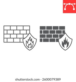 Firewall line and glyph icon, security and protection, fire with brick wall vector icon, vector graphics, editable stroke outline sign, eps 10.