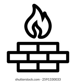 Firewall line icon with editable stroke, designed for architecture diagram, featuring a fire on top of wall bricks