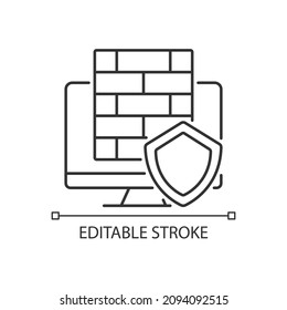 Firewall linear icon. Protective software and hardware. Cybersecurity device. Thin line customizable illustration. Contour symbol. Vector isolated outline drawing. Editable stroke. Arial font used