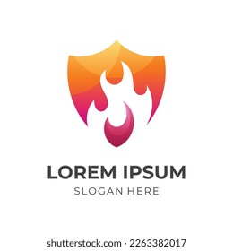 firewall logo concept, shield and fire combination logo with 3d orange color style