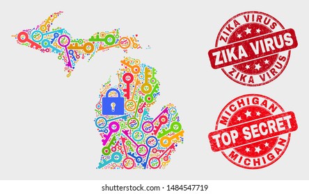 Firewall Michigan State map and seals. Red rounded Top Secret and Zika Virus textured seals. Colored Michigan State map mosaic of different guard items. Vector collage for safety purposes.