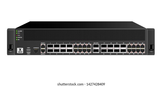 Firewall For Mounting In A 19 Inch Rack With 16 Ethernet Ports, 16 Optical  Ports, 2 10G SFP+  Ports And Network Management And Control Ports. Designed For Carrier-class Networks. Vector Illustration.