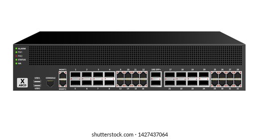 Firewall for mounting in a 19 inch rack with 16 ethernet ports, 16 optical  ports, 2 10G SFP+  ports and network management and control ports. Designed for carrier-class networks. Vector illustration.