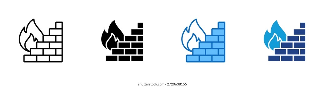 Firewall Vector de diseño de íconos de estilo múltiple: pared de ladrillo con una llama en ascenso, que indica protección de la red, filtrado del tráfico dañino y prevención del acceso digital no autorizado