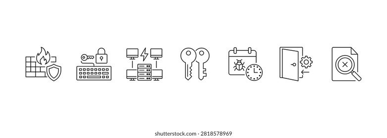 Firewall network protection icons set featuring server system backdoor and key elements isolated on white background.