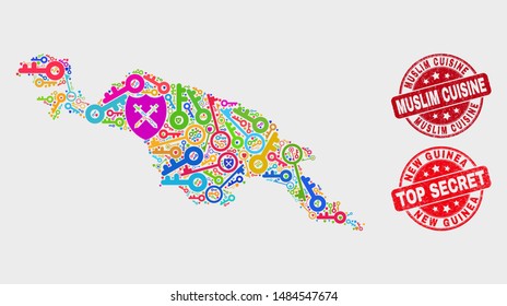 Firewall New Guinea map and seal stamps. Red round Top Secret and Muslim Cuisine grunge seal stamps. Colorful New Guinea map mosaic of different guard icons. Vector combination for safety purposes.