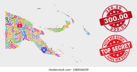 Firewall Papua New Guinea map and seal stamps. Red round Top Secret and 300.00 textured seal stamps. Colorful Papua New Guinea map mosaic of different access icons.