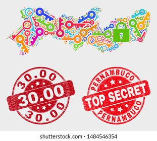 Firewall Pernambuco State map and seal stamps. Red rounded Top Secret and 30.00 textured seal stamps. Colored Pernambuco State map mosaic of different key icons.