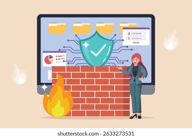 Firewall que protege los datos personales y las Cuentas en línea de las amenazas cibernéticas, ilustrado por una empresaria que protege un sistema informático.