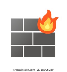 Pared de ladrillo de protección de cortafuegos con icono de llama, ideal para temas de ciberseguridad, administración de redes, sistemas de seguridad de datos y prevención de amenazas