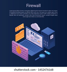 Firewall protection concept background. Isometric illustration of firewall protection vector concept background for web design