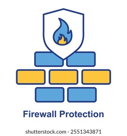 Ícone de proteção por firewall - Escudo com chama que representa segurança contra invasões indesejadas de rede.