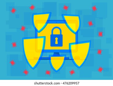 Firewall protection vector illustration. Creative concept with lock sign and shields that protect computer. Protection software to secure data from viruses, spyware, hackers graphic design.