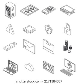 Firewall security icons set. Isometric set of firewall security vector icons outline isolated on white background