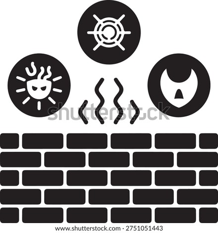 Firewall security protection icon with cyber threat symbols