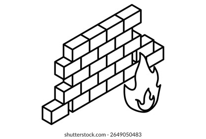 Icono isométrico de la línea de la protección de la seguridad del cortafuegos con el símbolo de la pared y del escudo del ladrillo, blanco y negro, Ilustración vectorial