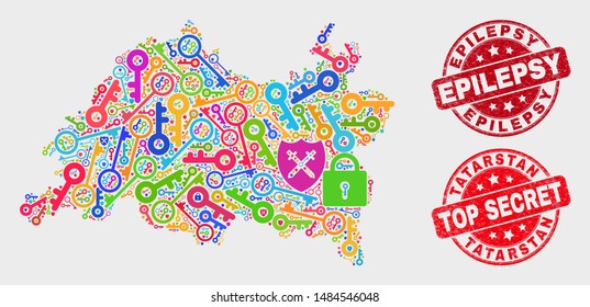 Firewall Tatarstan map and seal stamps. Red round Top Secret and Epilepsy textured seal stamps. Colorful Tatarstan map mosaic of different passkey icons. Vector collage for keeping purposes.