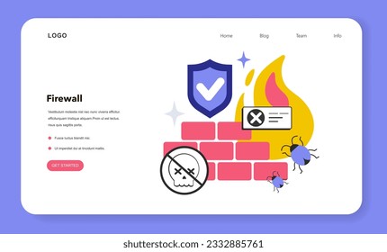 Firewall web banner or landing page. Network security device monitoring incoming and outgoing network traffic. Internet connection security system. Flat vector illustration