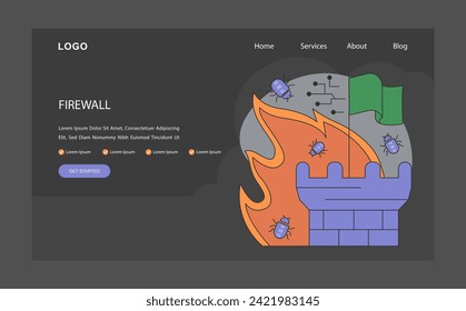 Firewall web banner or landing page dark or night mode. Network security device monitoring incoming and outgoing network traffic. Internet connection security system. Flat vector illustration