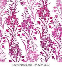 Fireweed. Floral seamless pattern on white. Silhouettes. Vector. Monochrome. Perfect for design templates, wallpaper, wrapping, fabric and textile, print.