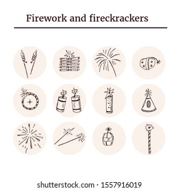 Firewock and firetracker  hand drawn doodle set. Vector illustration. Isolated elements on white background. Symbol collection.