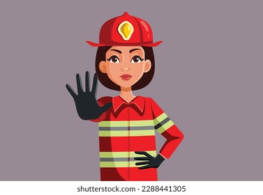 
Fire-woman Making a Stop Sign Warning about Fire Hazards Vector Cartoon. Female first responder keeping people away from arson zone
