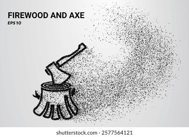 Firewood and an axe composed of small circles and dots, with particles swirling around them. Vector illustration.