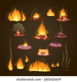 Firewood boards, bonfire of branches and logs, fire burning wooden logs, flaming and extinct fire bonfire and coals. Wood material branches, planks, logs, boards. Outdoor camping cartoon vector