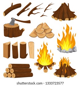 Firewood boards. Fireplace fire wood, burning wooden stack and blazing bonfire. Campfire logging pile, wood trunks or tree logs. Woodcutter log cartoon vector isolated icons illustration set