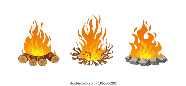 Firewood boards, outdoor bonfire of branches, fire burning wooden logs, flaming, extinct fire bonfire, coals. Wood campfire. Wood material branches, planks, logs. Firewood flames, bonfire flame vector