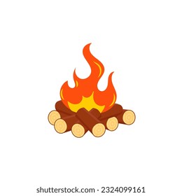 Firewood boards, outdoor bonfire of branches, fire burning wooden logs, flaming, extinct fire bonfire, coals. Camping Hot Bonfire Flat Icon. Vector illustration. 