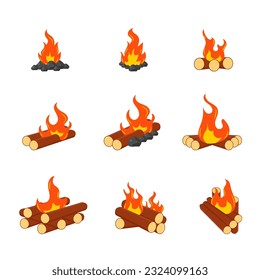 Firewood boards, outdoor bonfire of branches, fire burning wooden logs, flaming, extinct fire bonfire, coals. Camping Hot Bonfire Flat Icon. Vector illustration. 