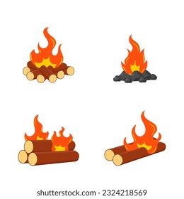 Firewood boards, outdoor bonfire of branches, fire burning wooden logs, flaming, extinct fire bonfire, coals. Camping Hot Bonfire Flat Icon. Vector illustration. 