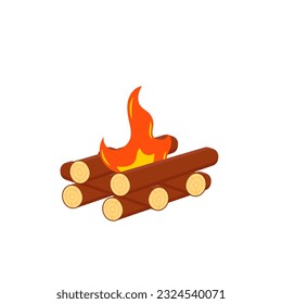 Firewood boards, outdoor bonfire of branches, fire burning wooden logs, flaming, extinct fire bonfire, coals. Camping Hot Bonfire Flat Icon. Vector illustration. 