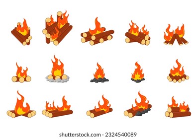 Firewood boards, outdoor bonfire of branches, fire burning wooden logs, flaming, extinct fire bonfire, coals. Camping Hot Bonfire Flat Icon. Vector illustration. 