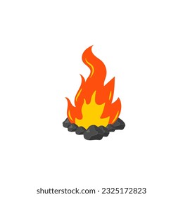 Firewood boards, outdoor bonfire of branches, fire burning wooden logs, flaming, extinct fire bonfire, coals. Camping Hot Bonfire Flat Icon. Vector illustration. 