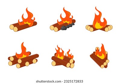 Firewood boards, outdoor bonfire of branches, fire burning wooden logs, flaming, extinct fire bonfire, coals. Camping Hot Bonfire Flat Icon. Vector illustration. 