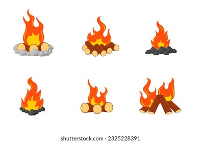 Firewood boards, outdoor bonfire of branches, fire burning wooden logs, flaming, extinct fire bonfire, coals. Camping Hot Bonfire Flat Icon. Vector illustration. 