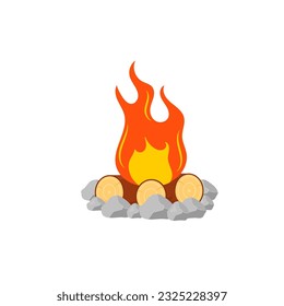 Firewood boards, outdoor bonfire of branches, fire burning wooden logs, flaming, extinct fire bonfire, coals. Camping Hot Bonfire Flat Icon. Vector illustration. 