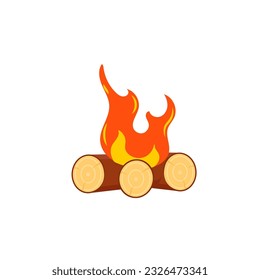 Firewood boards, outdoor bonfire of branches, fire burning wooden logs, flaming, extinct fire bonfire, coals. Camping Hot Bonfire Flat Icon. Vector illustration. 