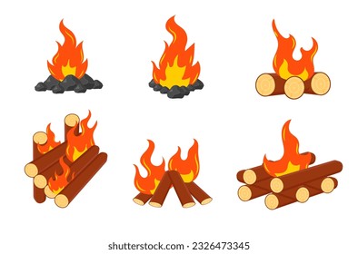 Firewood boards, outdoor bonfire of branches, fire burning wooden logs, flaming, extinct fire bonfire, coals. Camping Hot Bonfire Flat Icon. Vector illustration. 