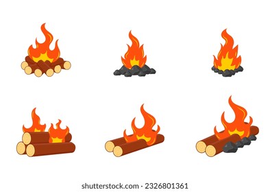 Firewood boards, outdoor bonfire of branches, fire burning wooden logs, flaming, extinct fire bonfire, coals. Camping Hot Bonfire Flat Icon. Vector illustration. 