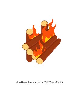 Firewood boards, outdoor bonfire of branches, fire burning wooden logs, flaming, extinct fire bonfire, coals. Camping Hot Bonfire Flat Icon. Vector illustration. 