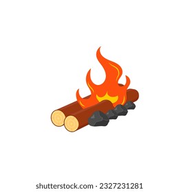 Firewood boards, outdoor bonfire of branches, fire burning wooden logs, flaming, extinct fire bonfire, coals. Camping Hot Bonfire Flat Icon. Vector illustration. 